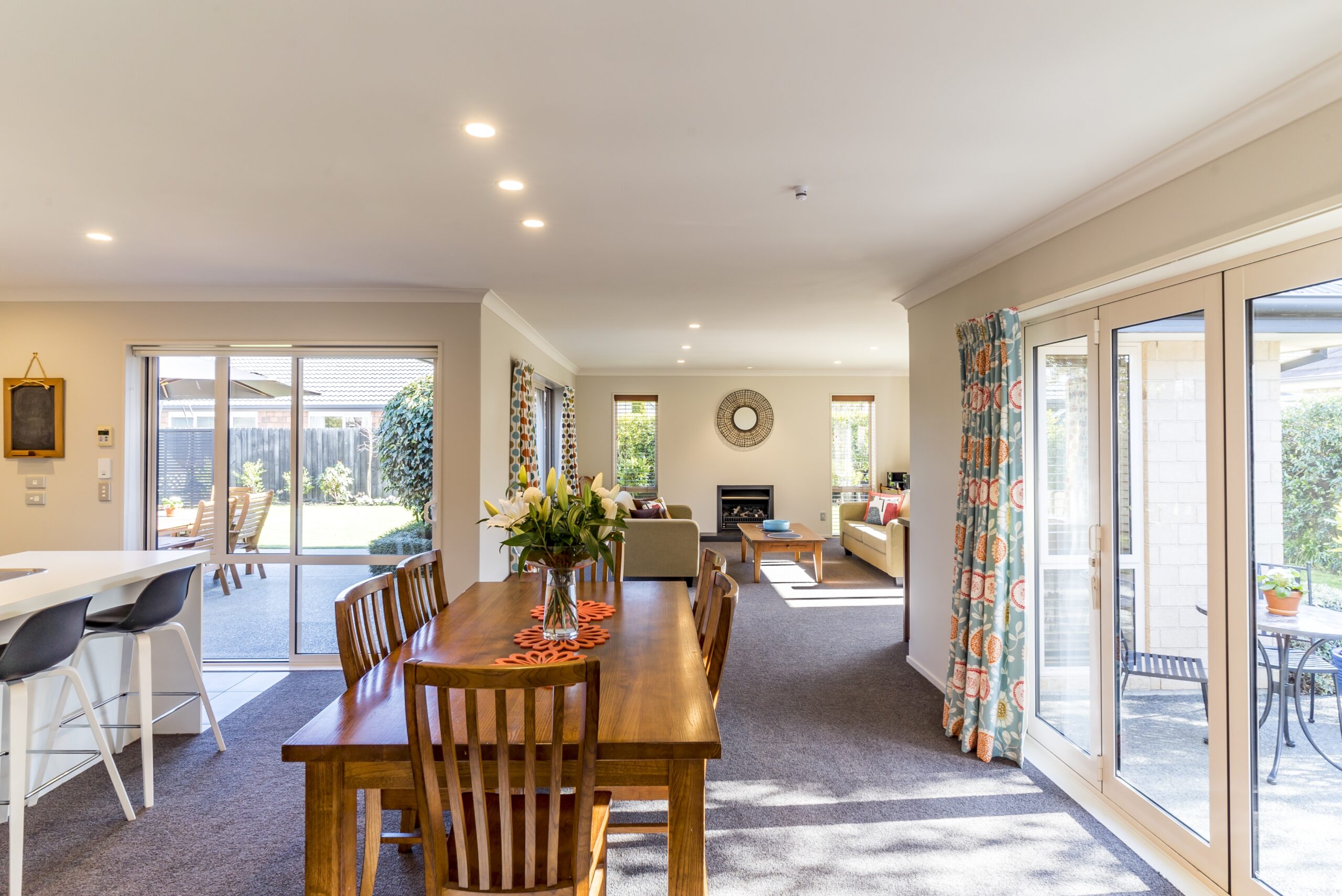 The interior with a bid dining room of a modern private house